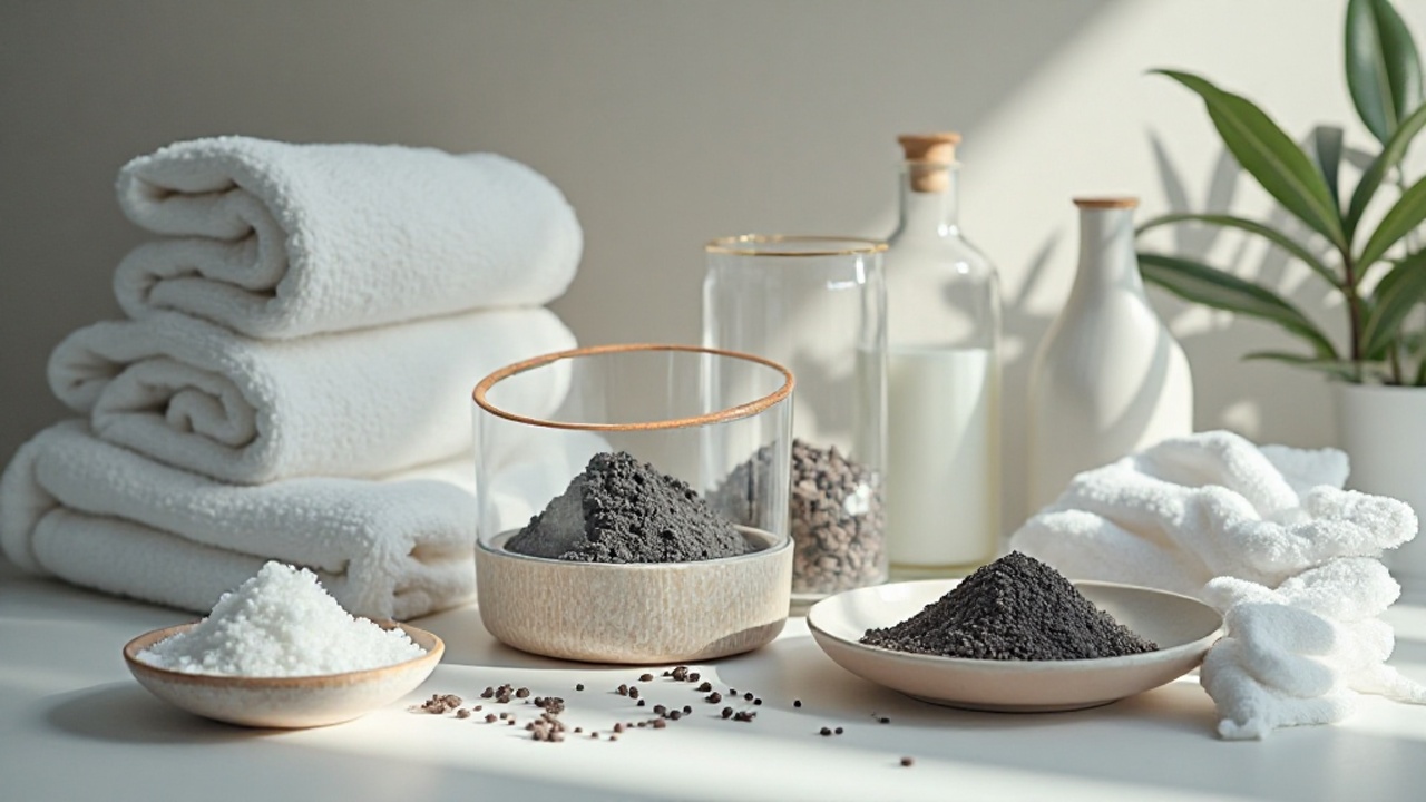 天然ミネラル、クレイ、ヒューミックシェール素材と白いシャツを使って、体臭を物理的に吸着して残りにくくするイメージを表現した画像