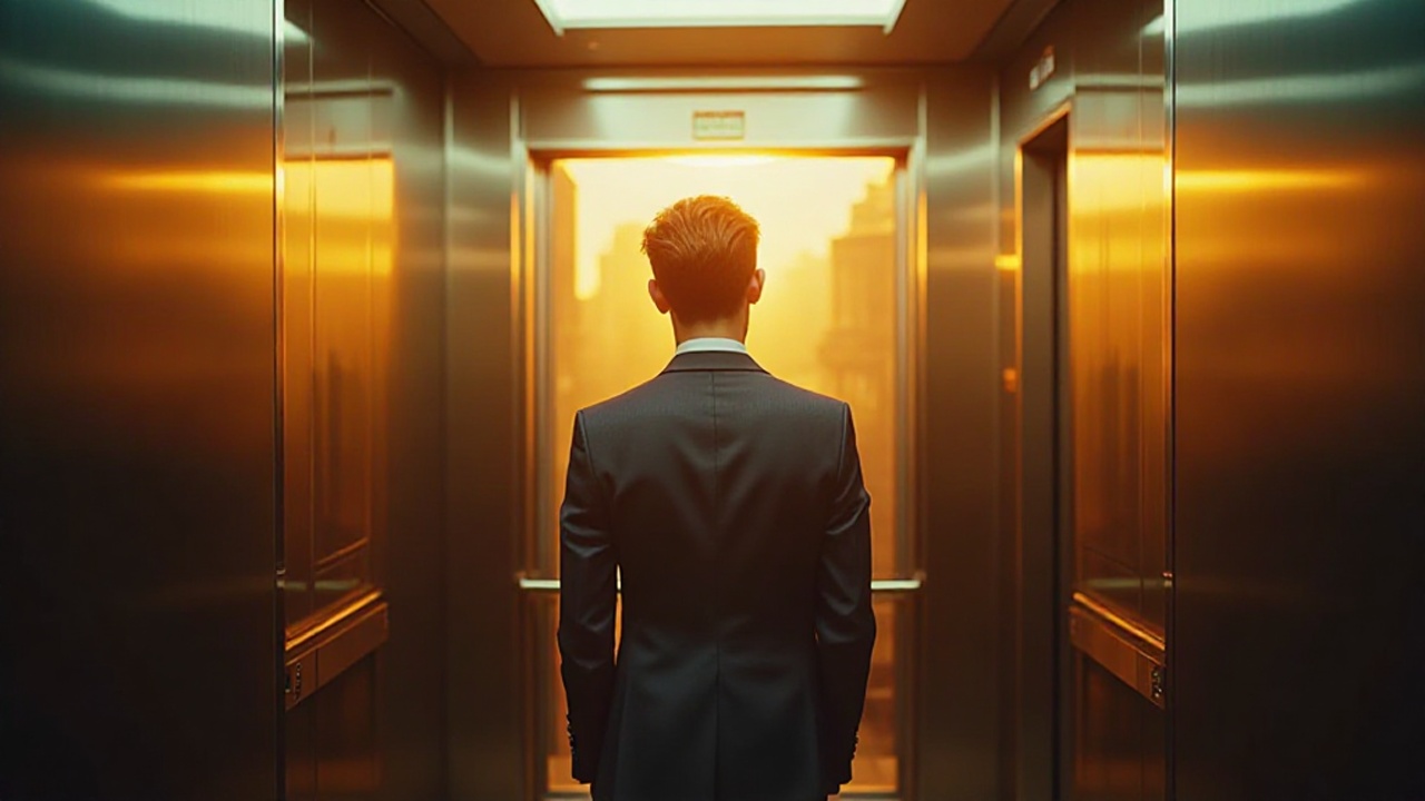 エレベーター内に立つスーツ姿の男性。近距離での清潔感と空気感を表現したイメージ