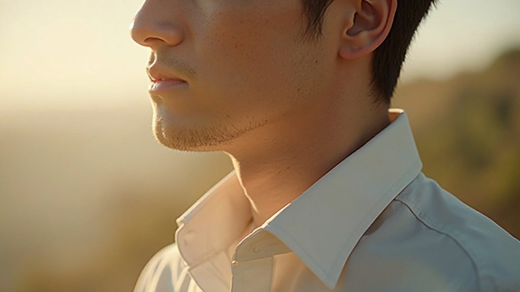 30代男性の首まわりとシャツの襟を中心に、夕方に体臭の重たさが残るイメージを上品に表した写真