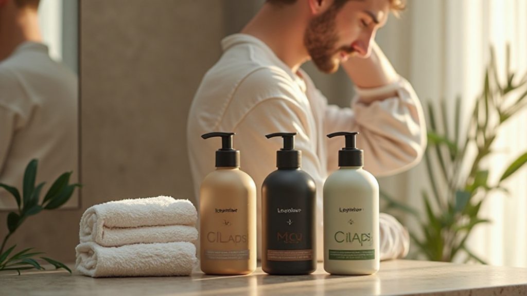 クレイ系・炭系・薬用タイプをイメージした3種類のボディソープが並ぶ清潔な洗面空間