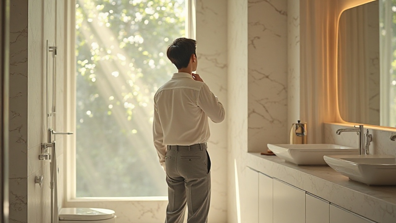 洗練されたバスルームで首元に触れる30代・40代男性の後ろ姿。濁った香りの霧が、上から降り注ぐミネラル粒子によって浄化・吸着されているイメージ。