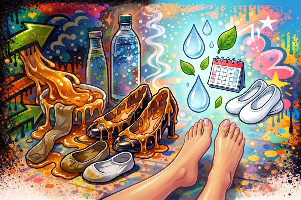 足の裏から溢れ出る『ドロドロの酸化脂質』がパンプスやストッキングに絡みつく惨劇と、そこからの解放を描いた比較図解。左側は脂質による濁りと汚れを強調し、右側にはピンクのマニキュアを塗った清潔で女性らしい足、そして乾燥とリセットを象徴するカレンダーや水滴が描かれてる。