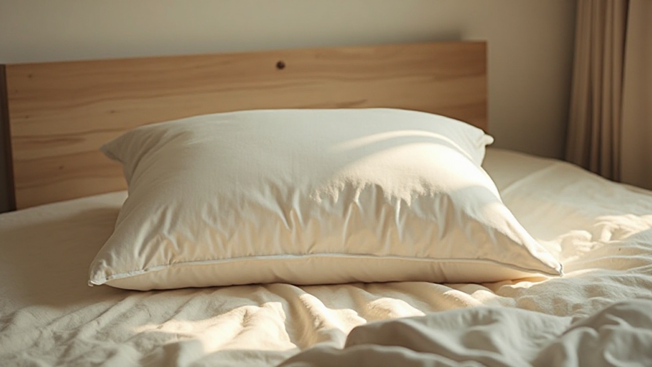 朝の光が入る寝室で、白い枕と整えられたベッドが写る、枕のニオイと清潔感をイメージした写真