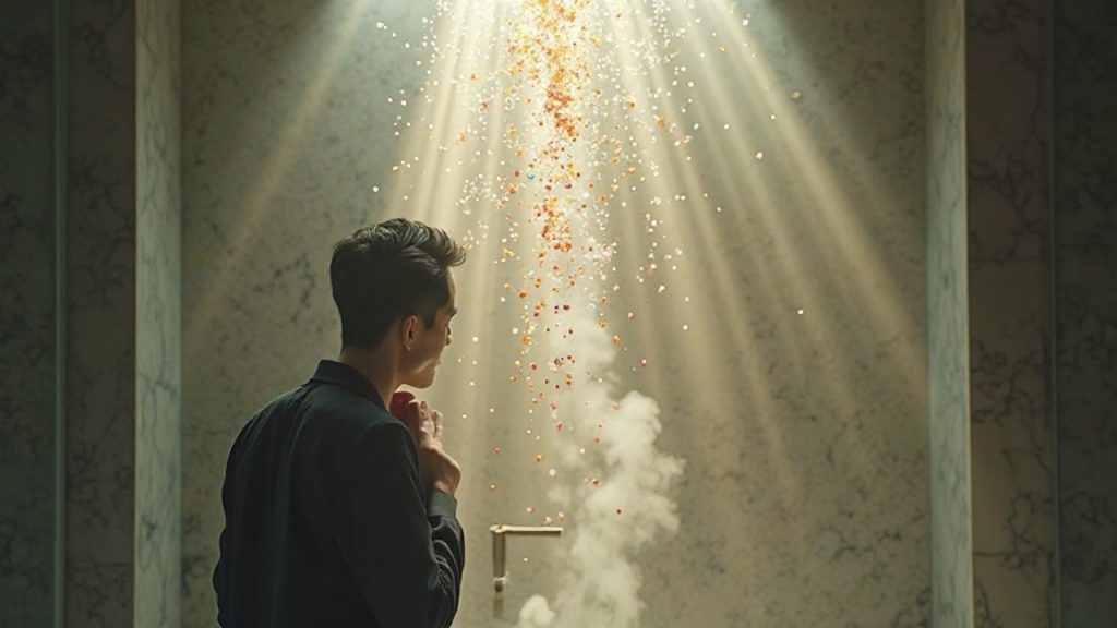 画像1と同じ30代・40代日本人男性の後ろ姿。頭上から降り注ぐ水滴と光り輝くミネラル粒子が、首元の濁った香りの霧を物理的に吸着・浄化し、彼の首元を透明な空気の泡で包み込んでいるイメージ。