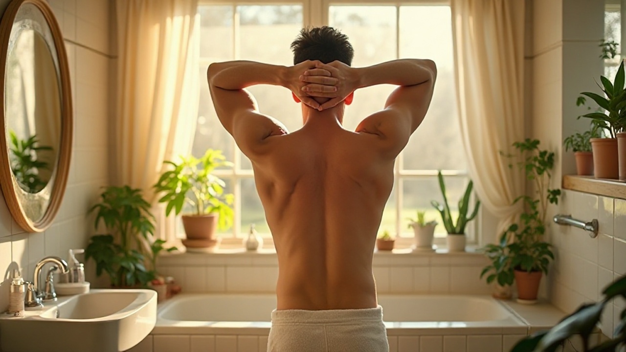 首まわりの清潔感を意識する大人の男性と、ミネラル系ボディソープを連想させる清潔な洗面空間