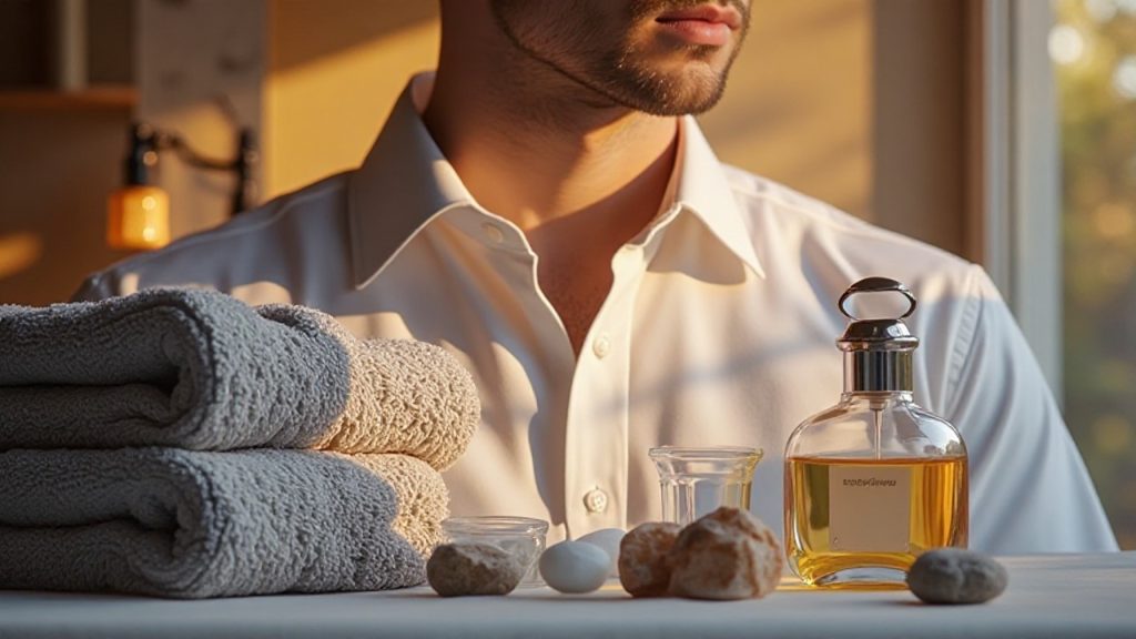 男性の体臭の基礎知識をテーマに、白いシャツとミネラル素材、アロマボトルを上品に配置したアイキャッチ画像
