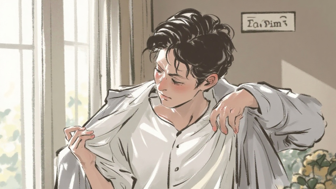 清潔なシャツ姿の30代から40代男性が脇まわりの違和感を静かに気にする様子を通して、脇のこもりと清潔感の揺らぎを表したイラスト