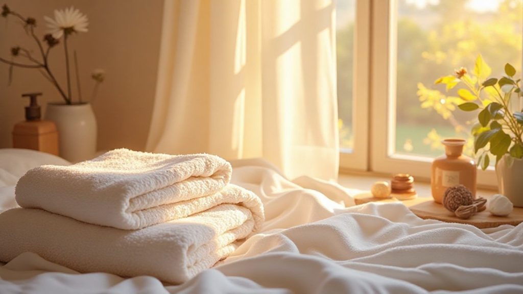 白いリネンとタオル、やわらかな自然光で整った暮らしを表現した清潔感イメージ画像