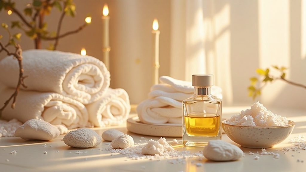 ミネラルソルトやクレイ、アロマボトルを静かに配置したアロマミネラルの世界観を表す画像