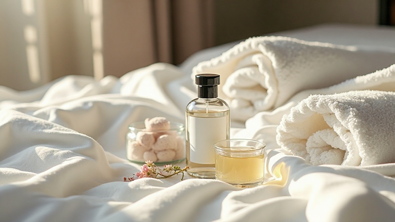 白いタオルや寝具、ガラスボトルを使って、自分では気づきにくい体臭と清潔感の管理をイメージした画像