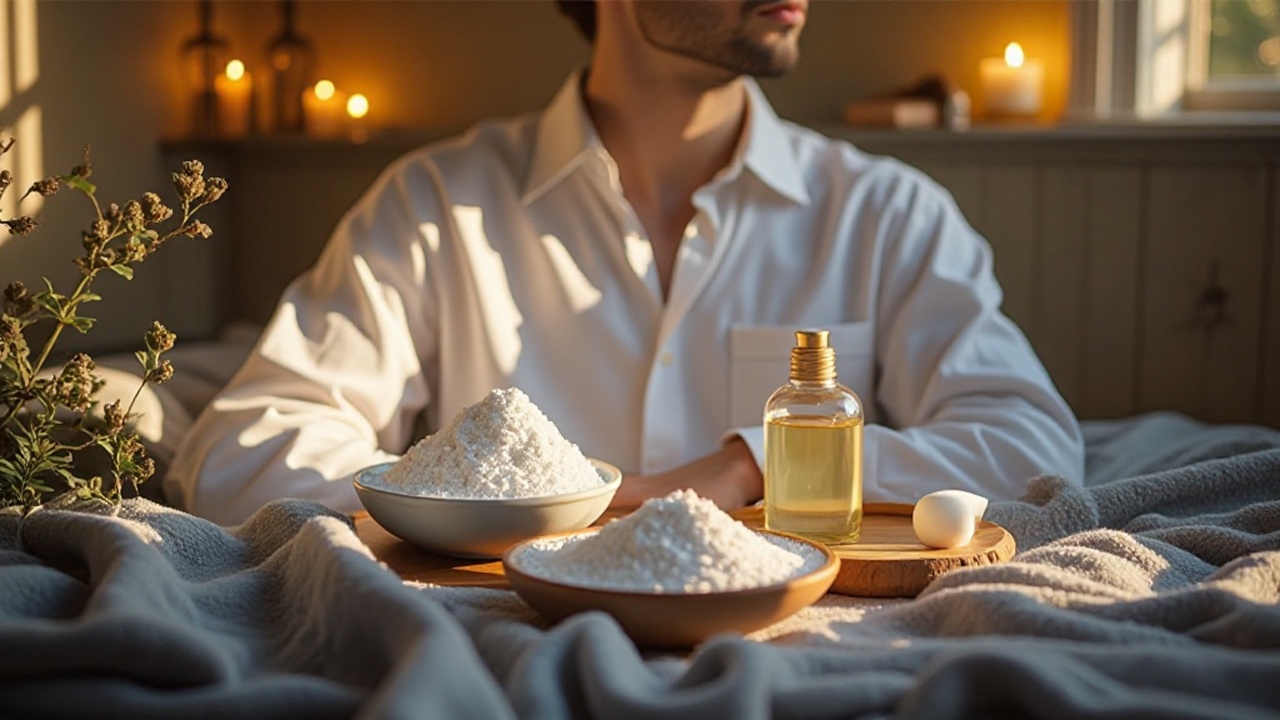 男性の体臭の基礎知識をテーマに、白いシャツとミネラル素材、アロマボトルを上品に配置したアイキャッチ画像
