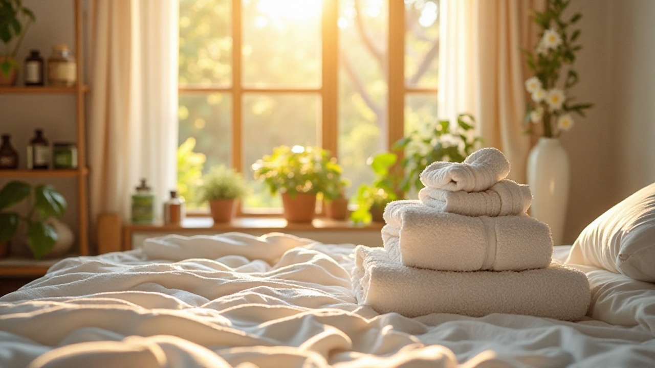 逆光の柔らかな太陽光を浴びて、白いリネンの上に置かれたスポイト付きのガラス製アロマオイルボトル。琥珀色の液体が光に透け、周囲には光の粒子が舞っている。植物の力を凝縮した、一滴の静かな存在感。日中の光毒性や酸化への注意も想起させる、神聖な雰囲気。