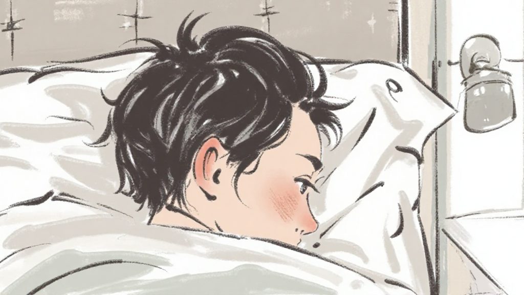 後頭部と耳の後ろ、寝具との関係を通して、頭皮のこもりや残り方を上品に表したイメージ写真