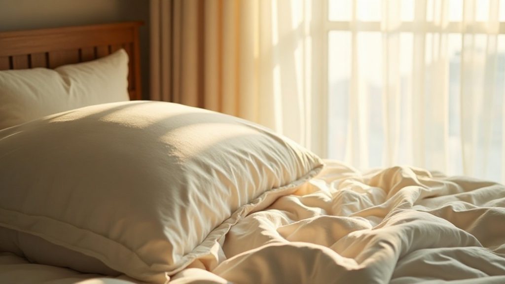 朝の静かな寝室、太陽光に照らされた枕の中央に残る凹みと重い空気の粒子。清潔な空間に残る昨日の残り香への不安を表現したイメージ。