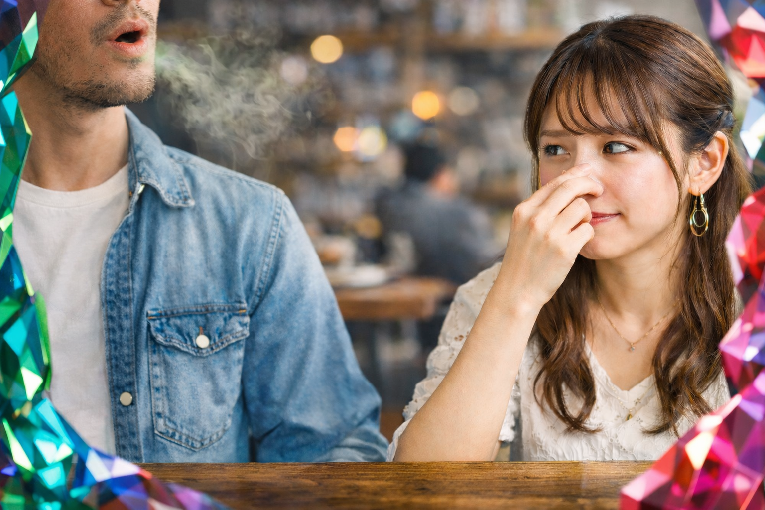 初デート中、男性の口元から控えめにゲップをイメージした空気が漂い、女性が少し困った表情を見せるカラフルガラス風のアイキャッチ画像