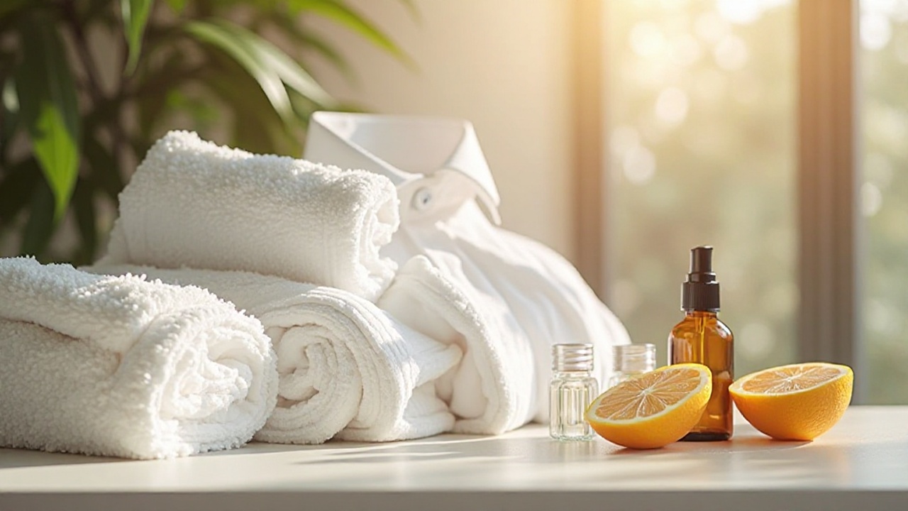 白いシャツやタオル、天然精油ボトル、柑橘やハーブの要素を使って、大人の男性の清潔感と天然アロマによる印象管理を表現した画像