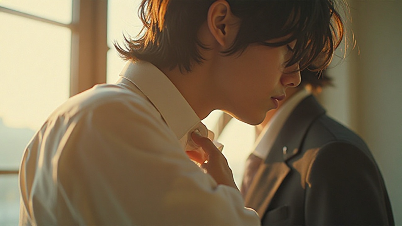 夕方の室内で、シャツの首まわりに軽く手を添える30代男性を通して、首まわりの体臭と清潔感の揺らぎを表したイメージ写真