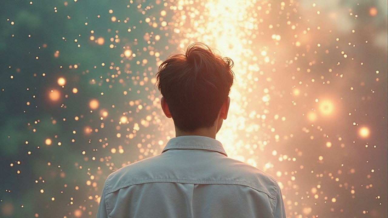 清潔感のある白シャツを着た30代・40代男性の後ろ姿。首元の濁った香りの霧が、上から降り注ぐ光り輝くミネラル粒子と水滴によって浄化され、透明な空気の層に変わっていくイメージ。