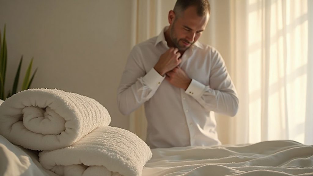 枕カバーやシャツの襟元、タオルなど首まわりの清潔感に関わる生活習慣をイメージした室内風景