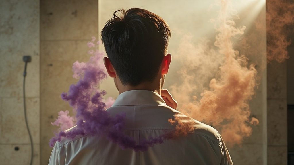 洗練されたバスルームで首元に触れる30代・40代日本人男性の後ろ姿。首の周りに、柔軟剤、整髪料、香水が混ざり合った、重く濁った霧が漂っているイメージ。