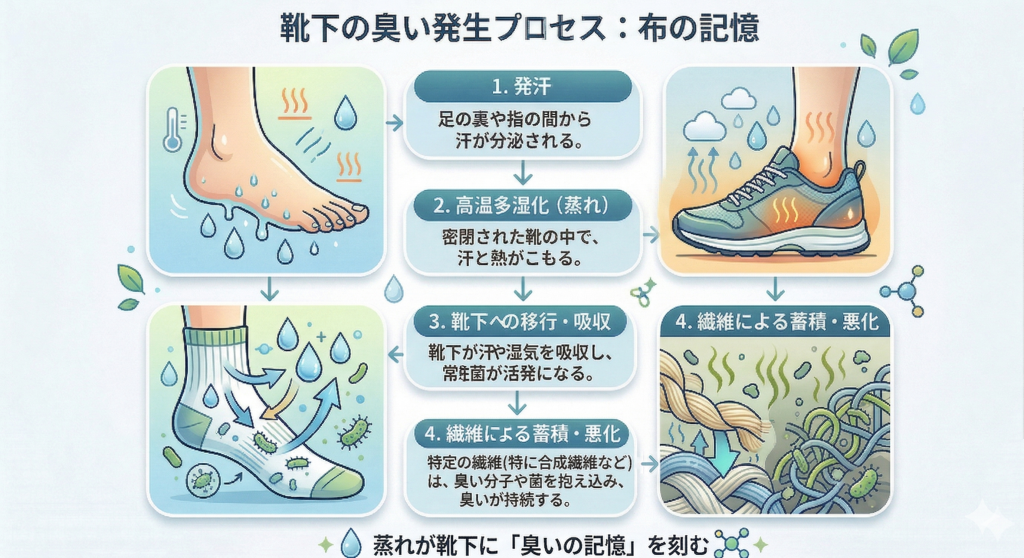 靴下の臭いが発生するプロセスを4段階で解説した図解。1.足の裏からの発汗、2.靴の中の蒸れ(高温多湿化)、3.靴下への湿気移行と常駐菌の活性化、4.繊維による臭い分子の蓄積という流れを説明している。特に合成繊維が臭いの気配を抱え込み、「臭いの記憶」として蓄積していくメカニズムを論理的に示している。