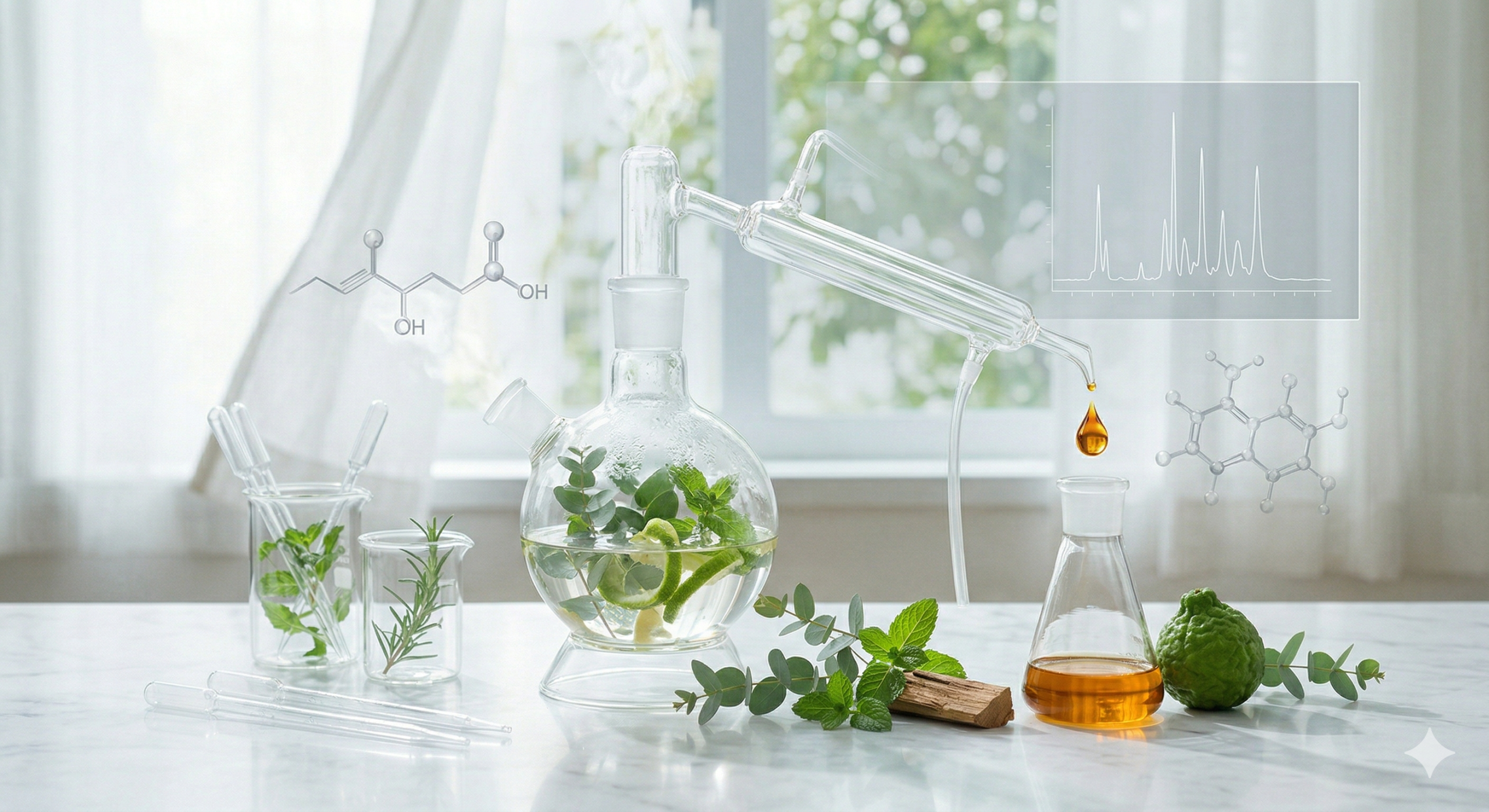 明るい窓辺の実験室で、ガラスの蒸留装置を使って天然ハーブと柑橘類から精油を抽出する様子。化学構造式とスペクトルグラフの図が浮かび、新鮮な植物成分と共に科学的なアロマ抽出プロセスを表現している。