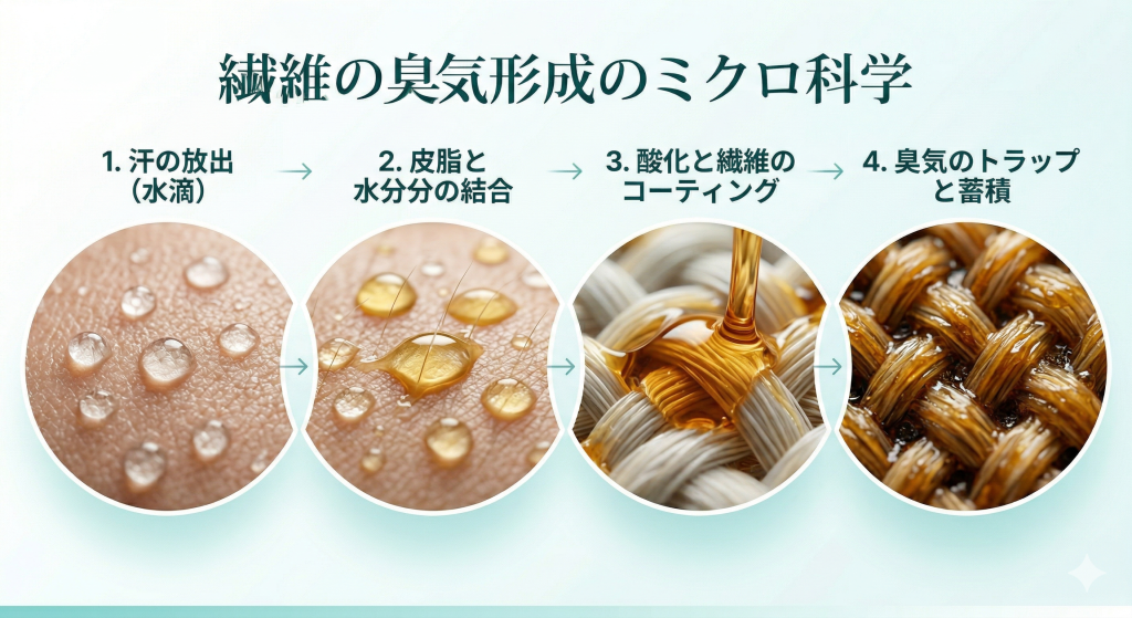 汗をかいて皮脂と混ざり、肌や衣類に残って時間がたつことで、体臭が重たくなりやすい流れを示した図解