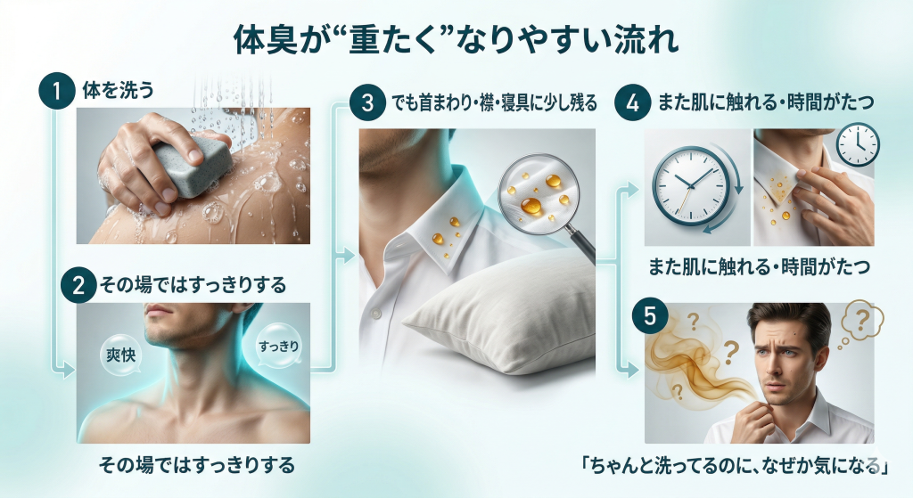 体を洗っても首まわりやシャツの襟、寝具に少し残り、それが再び気になる原因になる流れを示した図解
