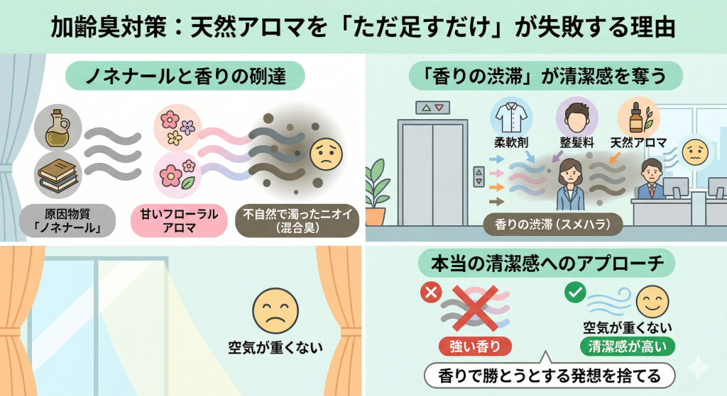 加齢臭対策で天然アロマを「ただ足すだけ」が失敗する理由を解説した図解。ノネナール(古い油のニオイ)と甘い香りが混ざって濁る「混合臭」の仕組みや、オフィス・エレベーター内での「香りの渋滞(スメハラ)」の様子を描写。強い香りで上書きするのではなく、空気を軽くすることが本当の清潔感であることを伝える4パネルのインフォグラフィック。