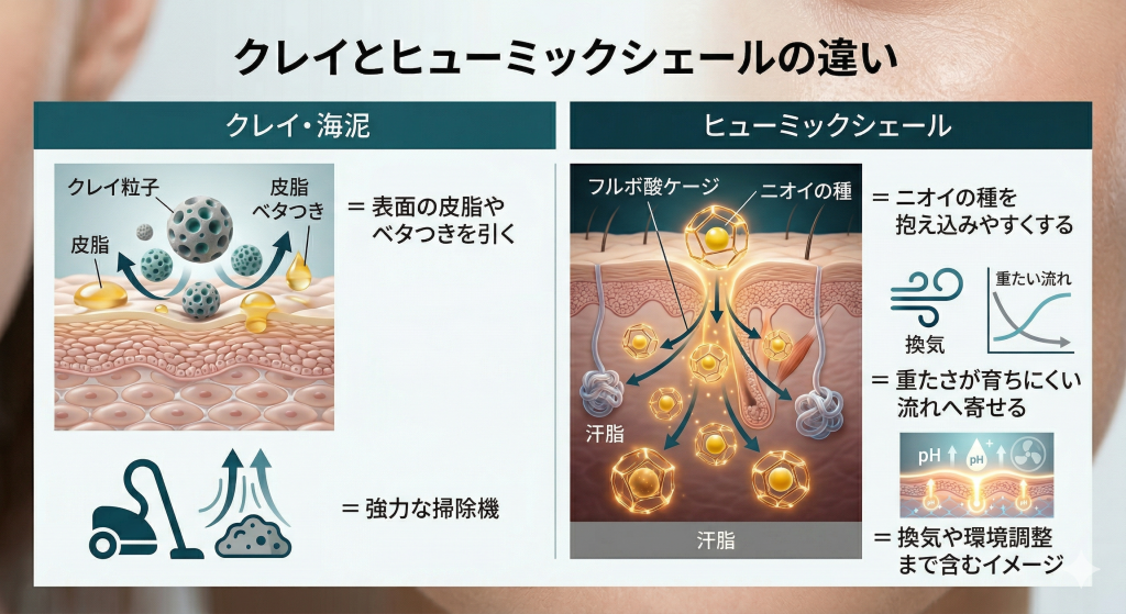 クレイは表面の皮脂やベタつきを引き、ヒューミックシェールはニオイの種を抱え込んで重たさが育ちにくい流れへ寄せる違いを示した図解