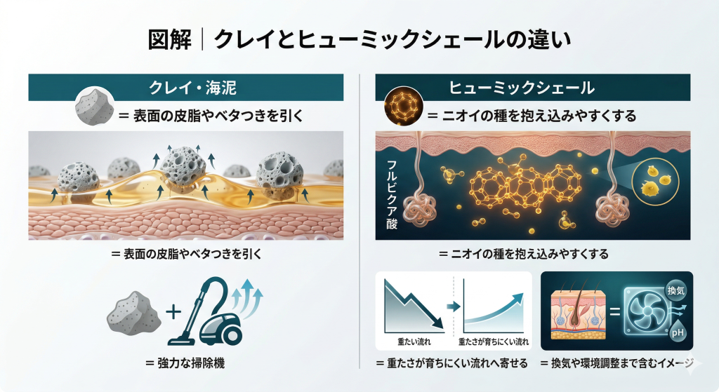 クレイは表面の皮脂やベタつきを引き、ヒューミックシェールはニオイの種を抱え込みながら重たさが育ちにくい流れへ寄せる違いを示した図解