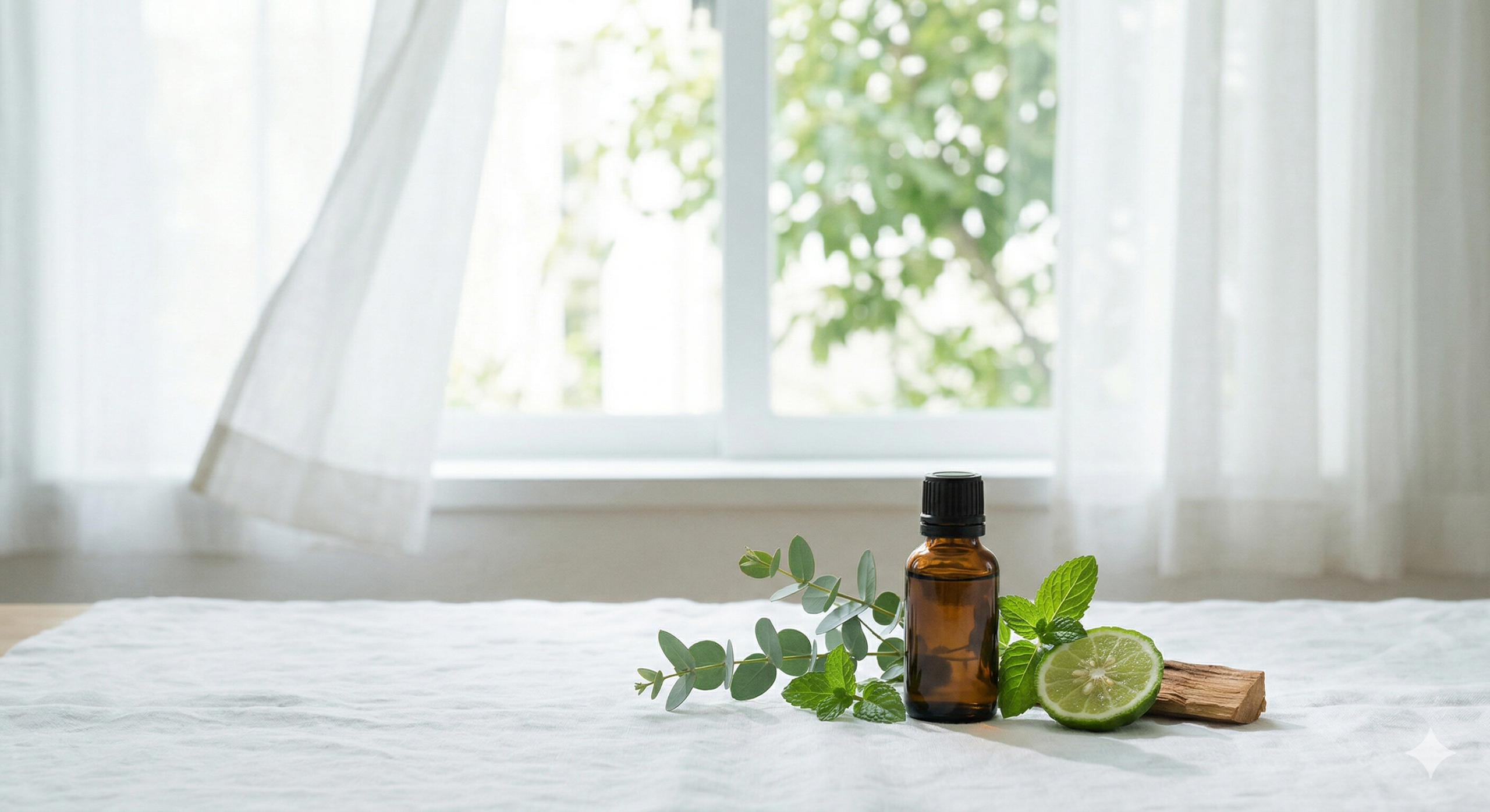 明るい窓辺で風に揺れる白いカーテンを背景に、アロマオイルの瓶とユーカリ、ミント、ライム、ウッドが並ぶ清潔感のあるイメージ画像