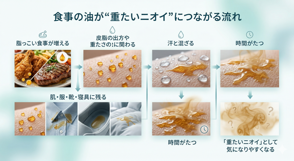脂っこい食事が皮脂の重たさに関わり、汗と混ざって肌や衣類に残り、時間がたつことで体臭が重たくなりやすい流れを示した図解