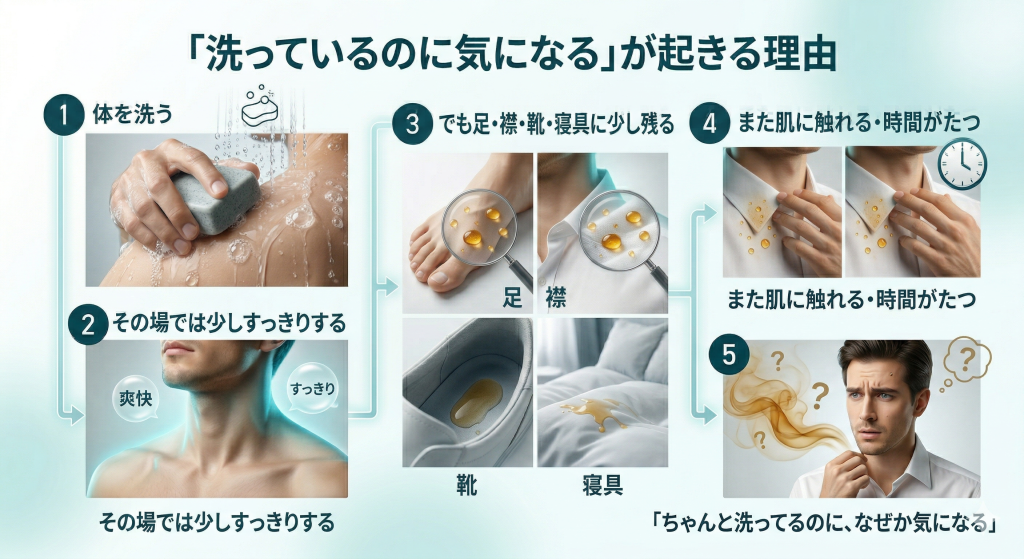 体を洗っても足やシャツの襟、靴、寝具に少しずつ残り、時間がたつことで再び体臭が気になりやすくなる流れを示した図解