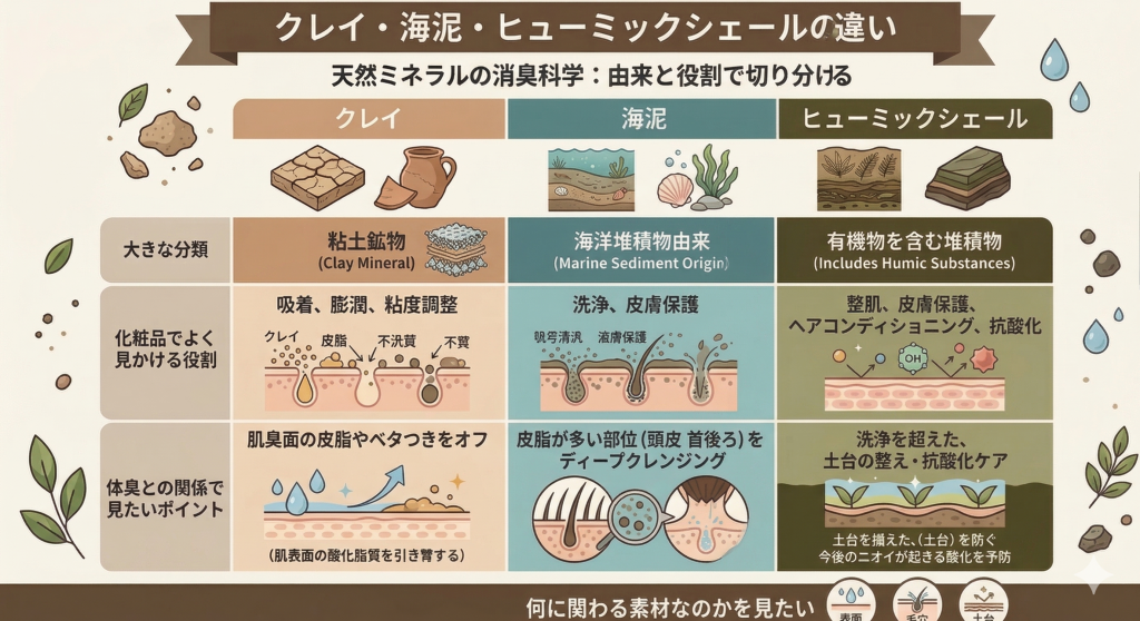 クレイ、海泥、ヒューミックシェールの3素材の特性を、分類、役割、体臭ケアのポイントの3項目で比較した図解。クレイは「肌表面の吸着」、海泥は「毛穴・部位の洗浄」、ヒューミックシェールは「土台の整肌・抗酸化」という、体臭対策における役割の違いを論理的に整理している。