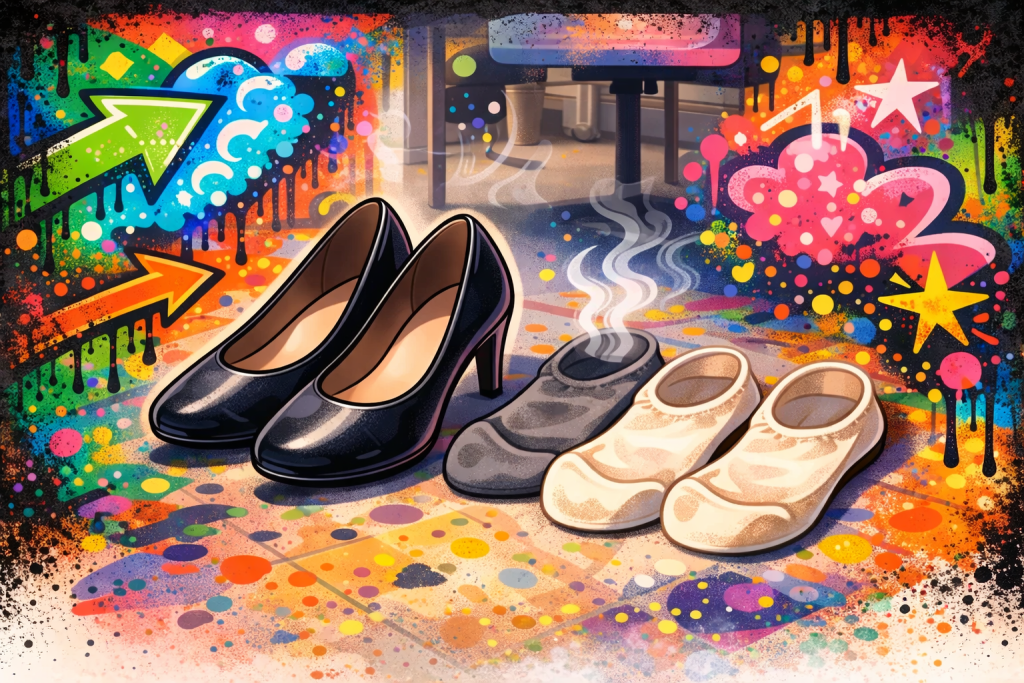 昼休みのフットカバー交換をイメージしたグラフィティ風イラスト。黒いパンプスの横に、使用後と交換後のフットカバーが並んでいる