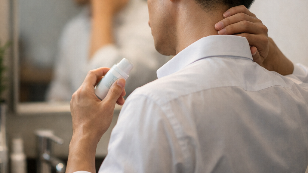 夕方の室内で首まわりを気にしながら整える30代男性を通して、デオドラントを足しても不快さが残る感覚を表した写真