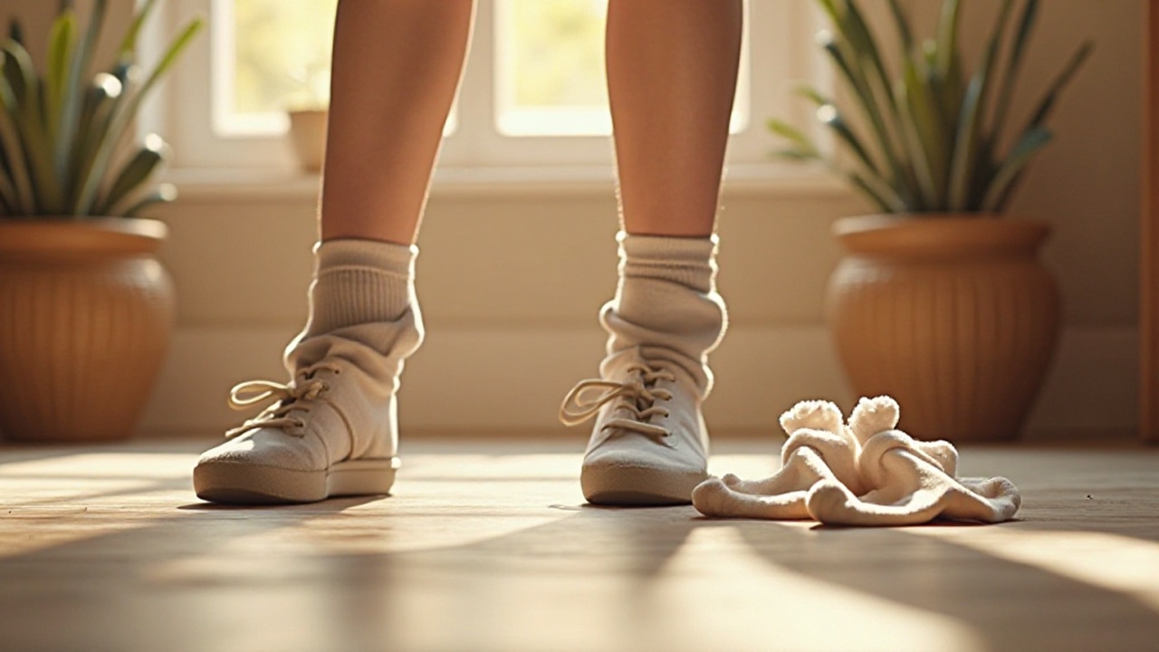 足元と複数の靴下を並べて、足の臭い対策に合う靴下選びをイメージした写真