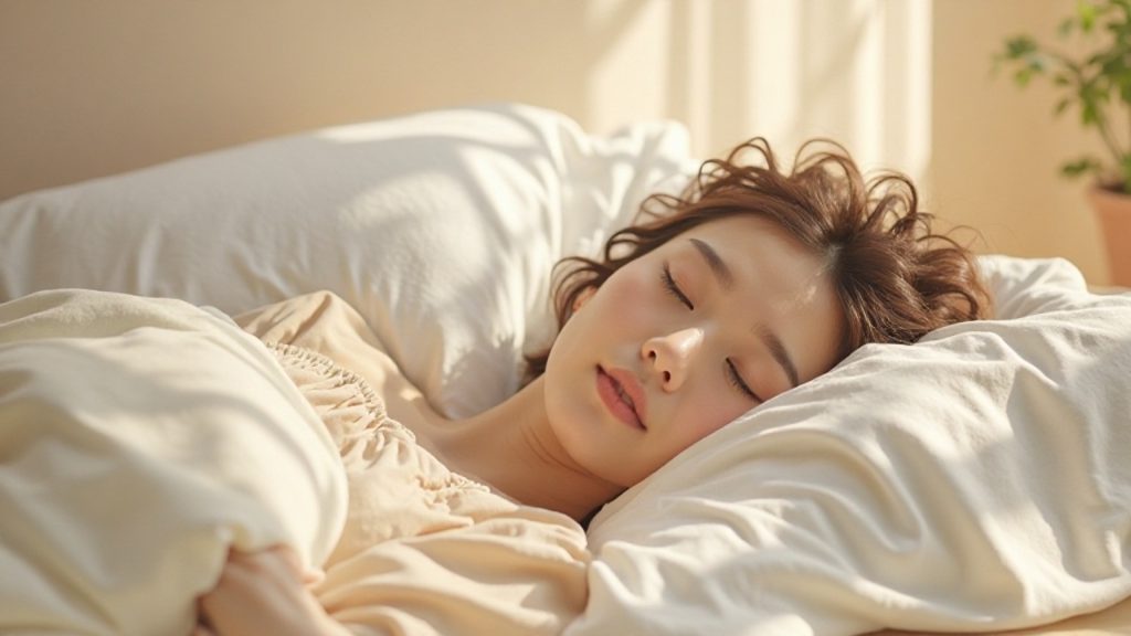 朝の静かな寝室、太陽光に照らされた枕の表面に、首や髪から残留した体臭の残留物が、微細な光の粒子とグラデーションのインフォグラフィックとして Tasteful に描写されている。清潔な空間に残る、目に見えない浄化の痕跡を表現。