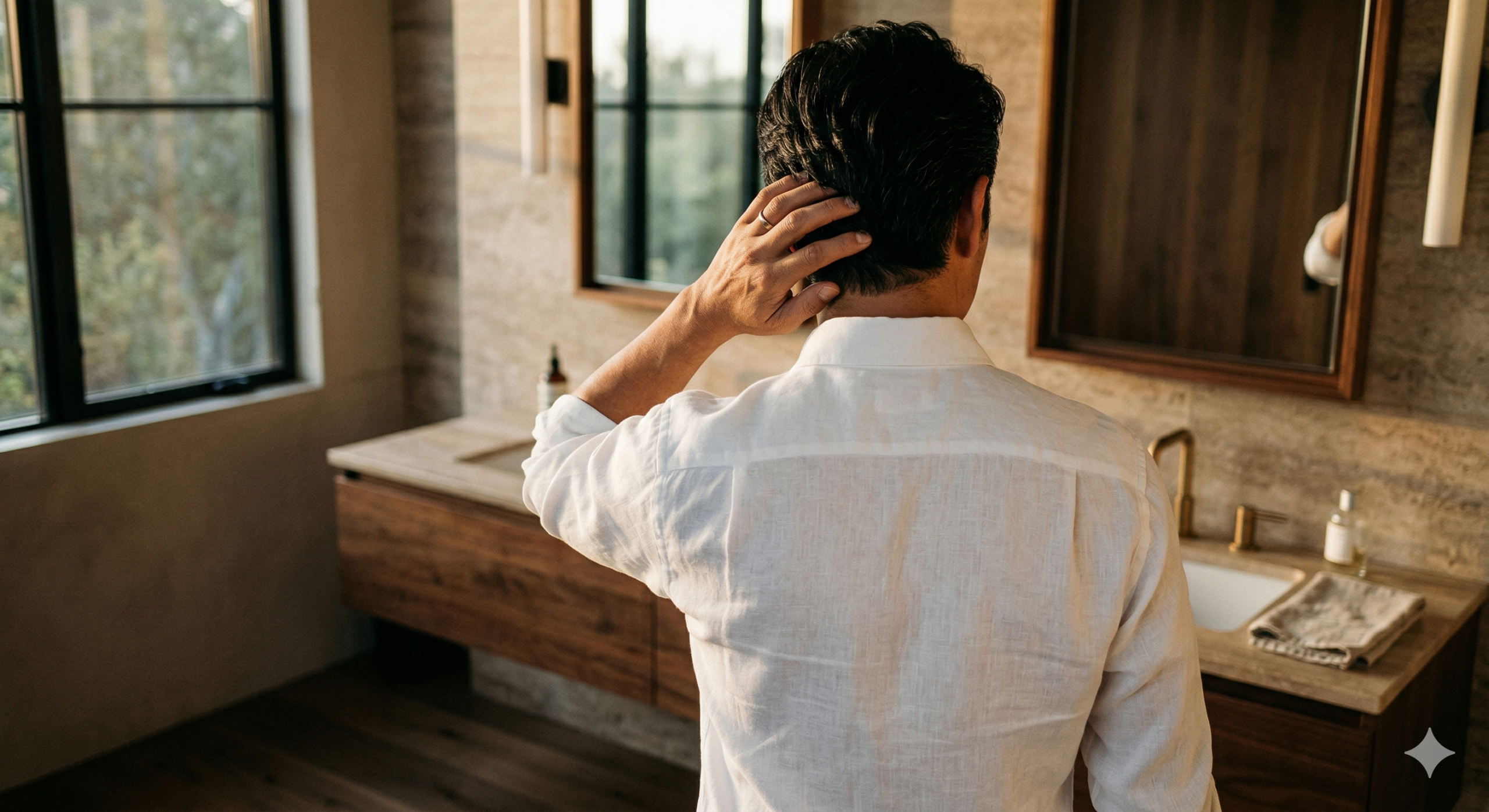 夕方の室内で耳の後ろから後頭部あたりに軽く手を添える30代から40代の男性を通して、頭皮のこもりと清潔感の揺らぎを表した写真